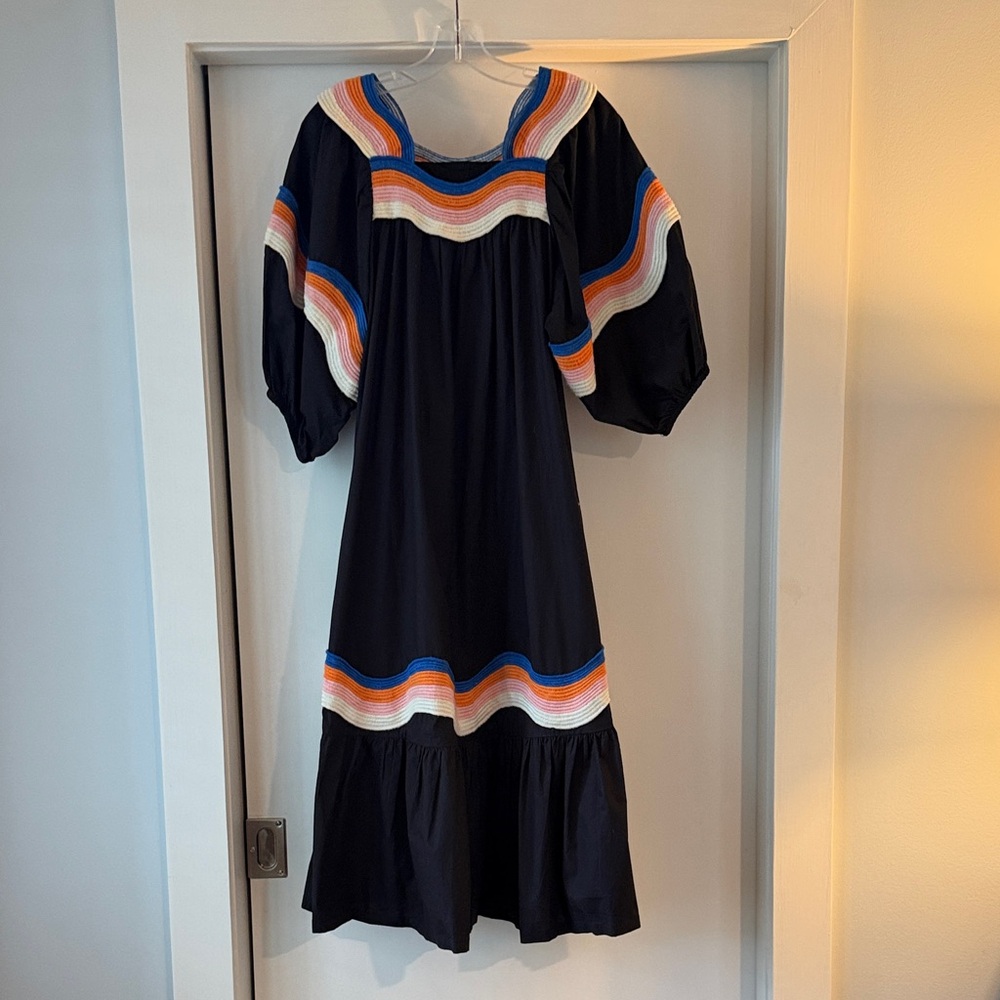 Corey Lynn Calter Black Dress with Orange, Pink and Blue Embroidery